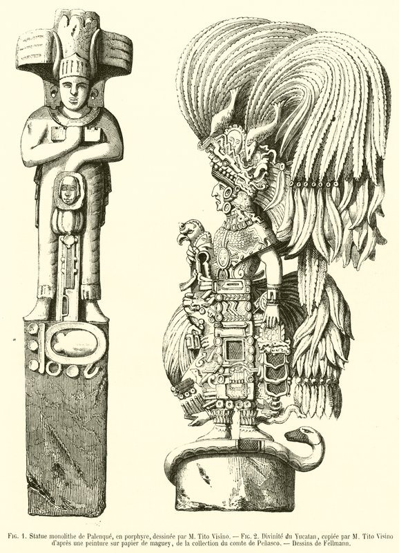 Monolithische Statue von Palenque, aus Porphyr; Gottheit von Yucatan (Gravur) von French School