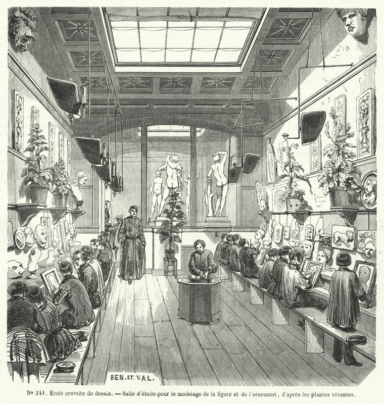Schüler in einer Klasse einer freien Zeichenschule, Frankreich (Stich) von French School