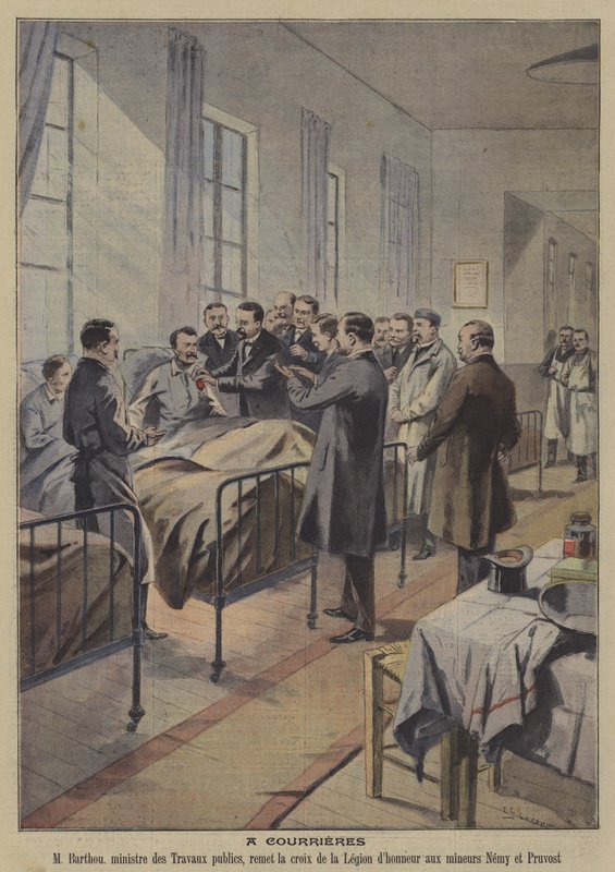 Überlebende des Courrieres-Grubenunglücks, Frankreich (Farblithografie) von French School