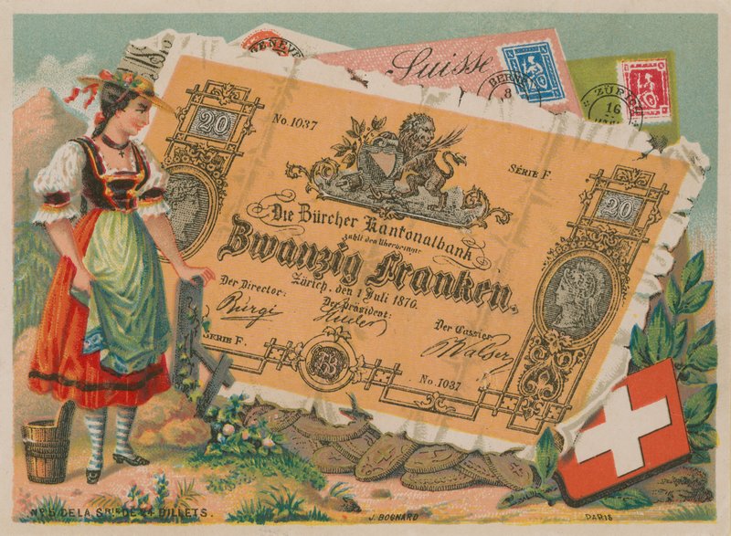 Schweizer Mädchen in traditioneller Tracht und 20-Franken-Banknote von French School