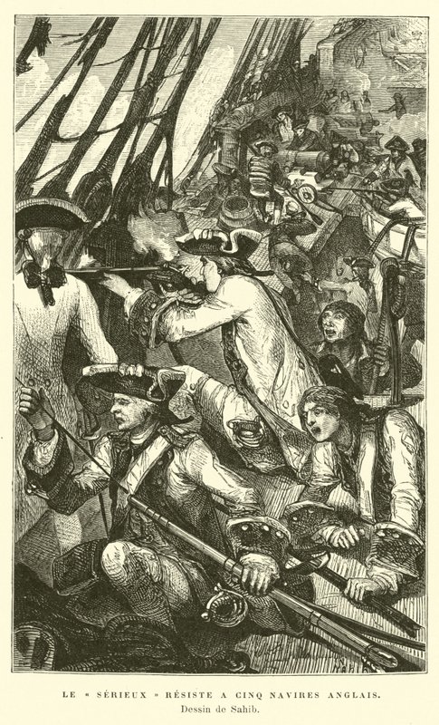 Das französische Kriegsschiff Serieux wehrt einen Angriff von fünf britischen Schiffen ab von French School