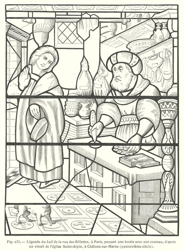 Der Jude der Rue des Billettes, Paris, entweiht die Hostie, indem er sie mit seinem Messer durchbohrt, nach einem Glasfenster aus dem 14. Jahrhundert in der Kirche Saint-Alpin, Chalons-sur-Marne, Frankreich von French School