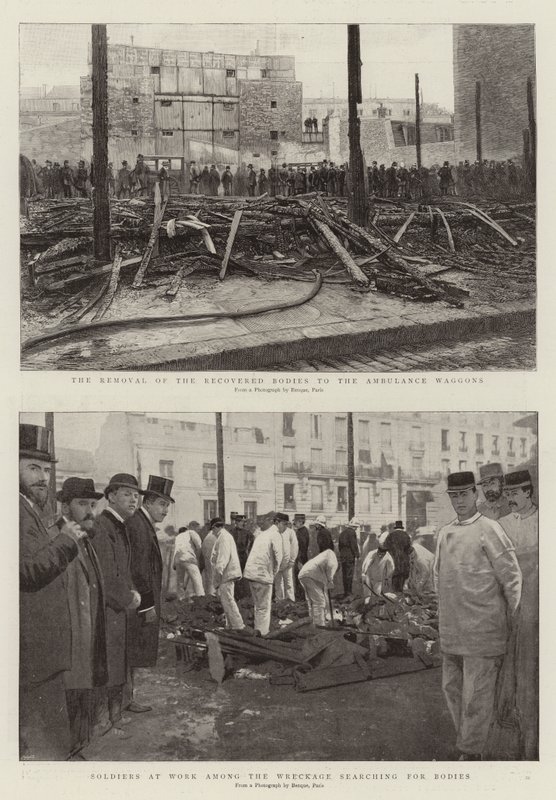 Die Bergung der geborgenen Leichen zu den Ambulanzwagen, Soldaten bei der Arbeit unter den Trümmern auf der Suche nach Leichen von French School