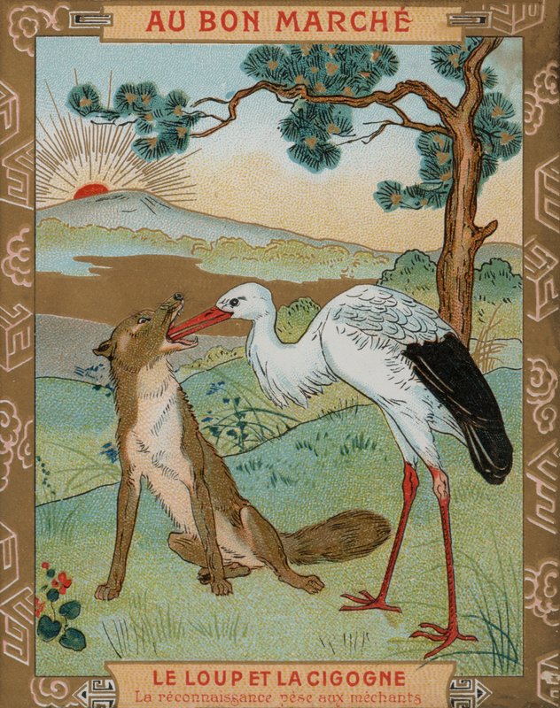 Der Wolf und der Kranich, eine von Äsops Fabeln von French School