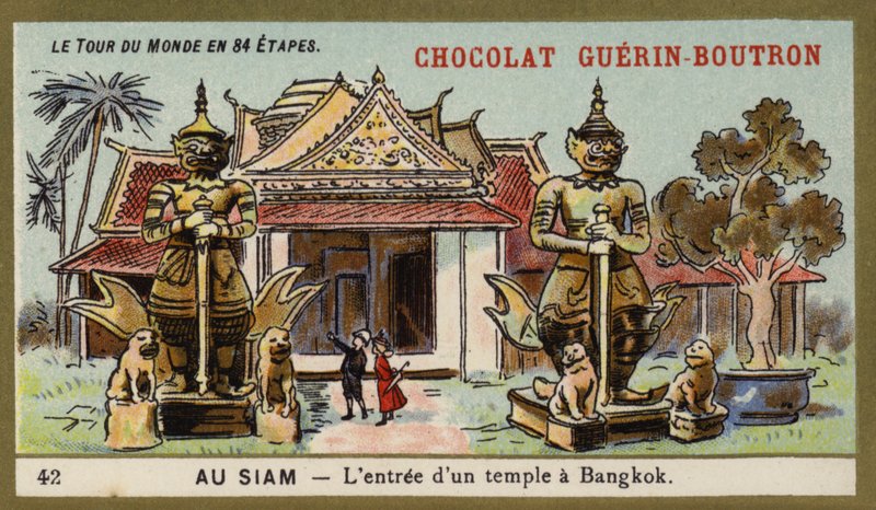 Der Eingang eines Tempels in Bangkok, Siam (Chromolithografie) von French School