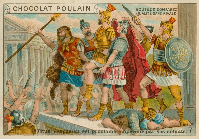 Titus wird zum Kaiser ausgerufen, Chocolat Poulain Sammelkarte von French School