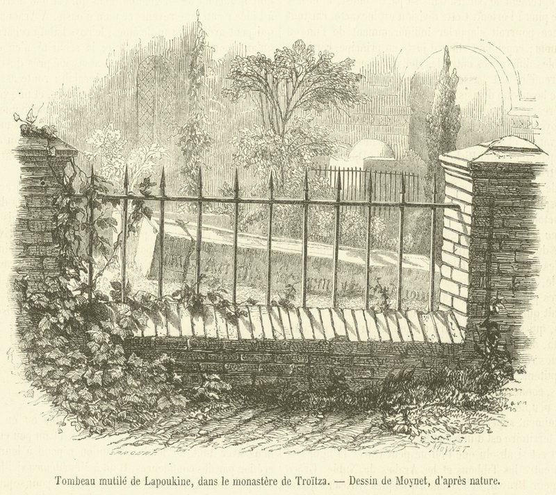 Verstümmeltes Grab von Lapoukine, im Kloster von Troitza (Gravur) von French School