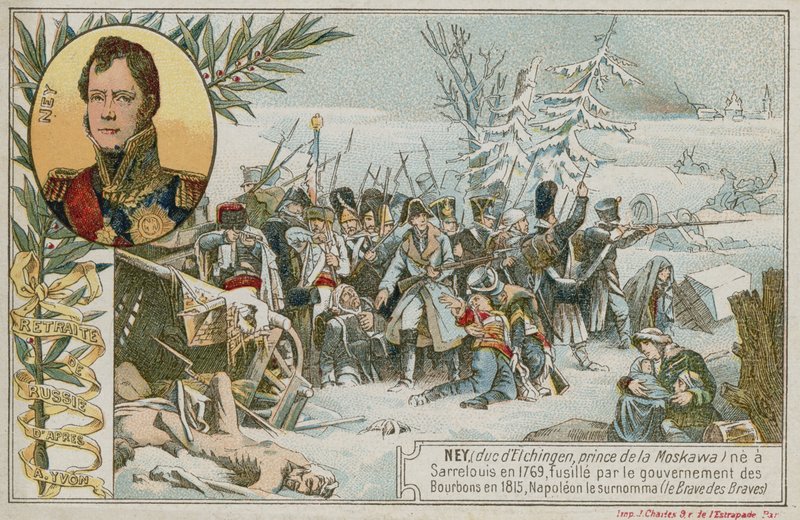 Handelskarte mit einem Bild, das den Rückzug aus Russland darstellt von French School