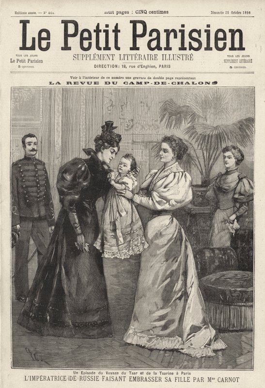 Zarin Alexandra von Russland lädt die Witwe des französischen Präsidenten Sadi Carnot ein, ihre Tochter, Großfürstin Olga, während des Besuchs der russischen kaiserlichen Familie in Paris zu küssen von French School