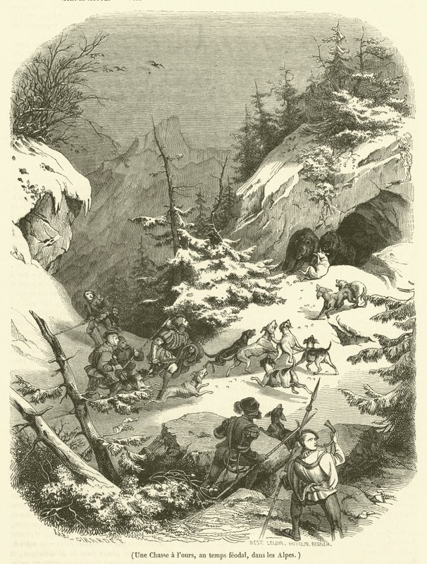 Eine Bärenjagd im feudalen Zeitalter in den Alpen von French School