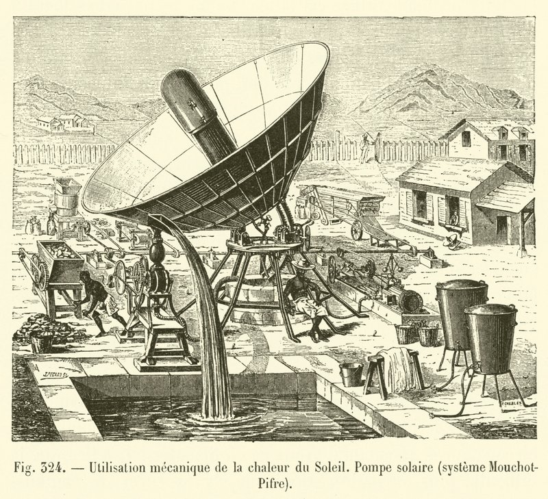 Mechanische Nutzung der Sonnenwärme, Solarpumpe, System Mouchot-Pifre (Stich) von French School
