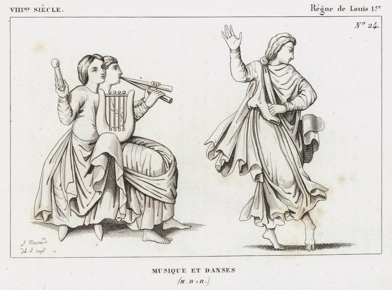 8. Jahrhundert, Herrschaft von Ludwig I., Musik und Tänze (Gravur) von French School