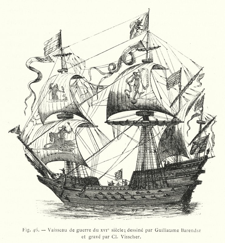 Kriegsschiff des 16. Jahrhunderts; gezeichnet von Guillaume Barendsz und gestochen von Cl. Visscher (Gravur) von French School