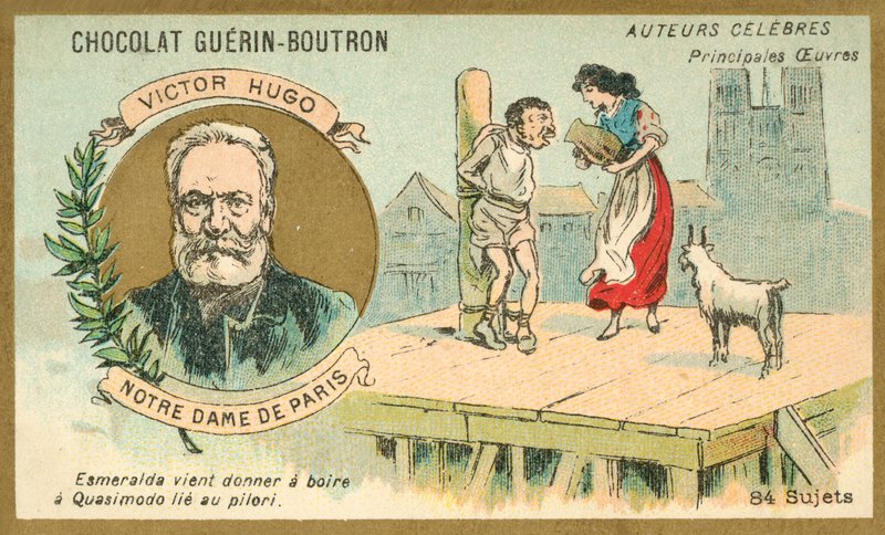 Victor Hugo, französischer Autor, und eine Szene aus seinem Roman Notre Dame de Paris von French School