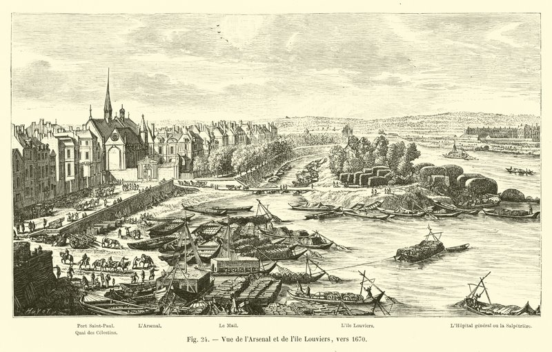 Blick auf das Arsenal und die Insel Louviers, um 1670 von French School
