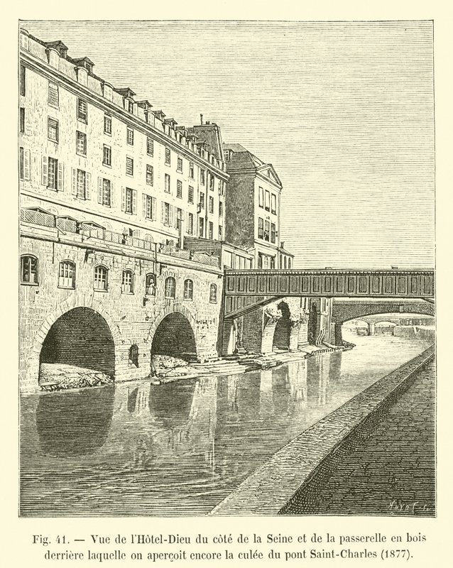 Ansicht des Hôtel-Dieu von der Seite der Seine und der Holzbrücke, hinter der man noch den Pfeiler der Brücke Saint-Charles sieht, 1877 von French School