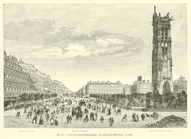 Ansicht des Turms Saint-Jacques vom Boulevard Sebastopol, 1866 von French School