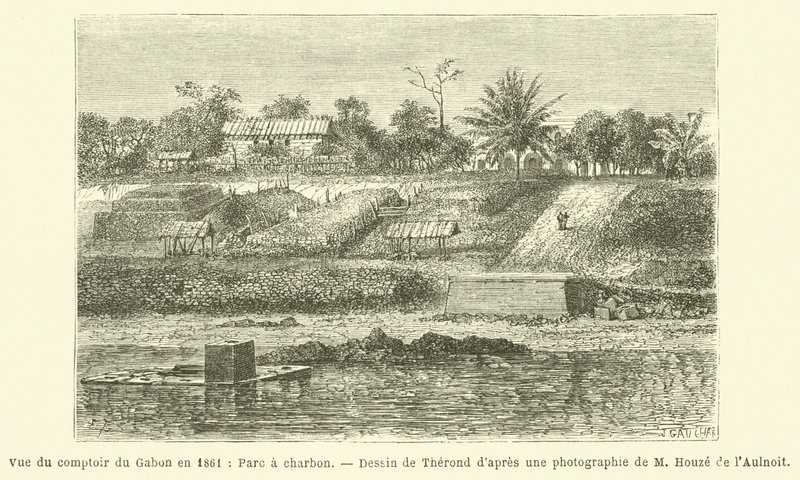 Ansicht des Handelspostens von Gabun im Jahr 1861, Kohlenlager von French School