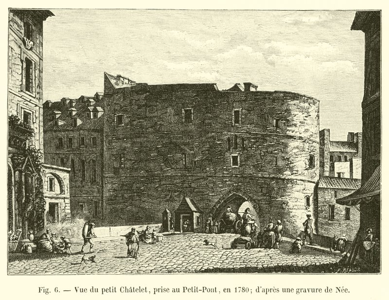 Ansicht des kleinen Chatelet, vom Petit-Pont aus, 1780, nach einem Stich von Nee von French School