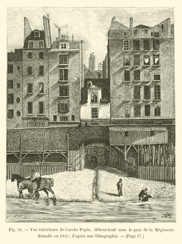 Außenansicht der Arche Popin, die unter dem Quai de la Mégisserie mündet, abgerissen 1840; nach einer Lithographie von French School