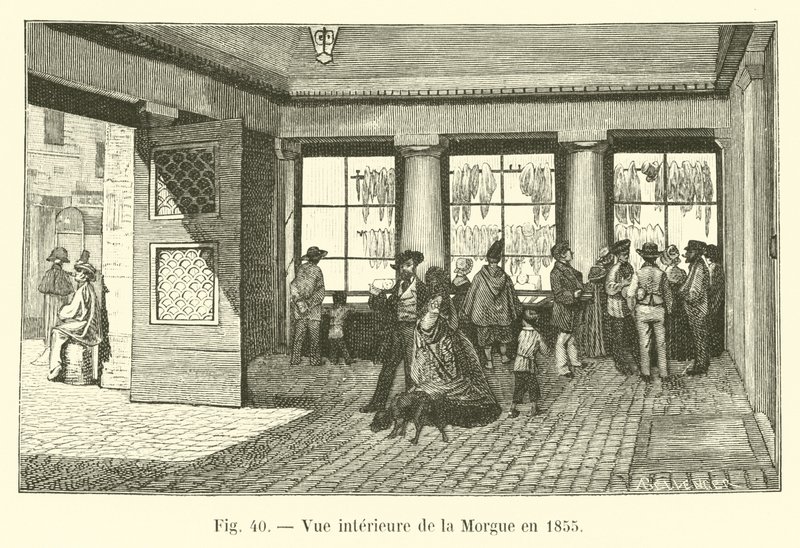 Innenansicht der Leichenhalle im Jahr 1855 von French School