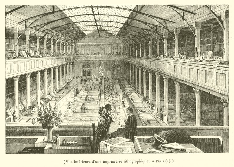 Innenansicht einer lithografischen Druckerei in Paris (Gravur) von French School