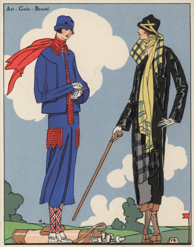 Golfmode für Damen aus den 1920er Jahren von den Designern Martial und Armand sowie Christoph Drecoll von French School