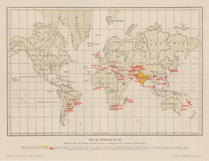 Weltkarte, die die Ausbreitung der Pest zeigt (Farblithographie) von French School