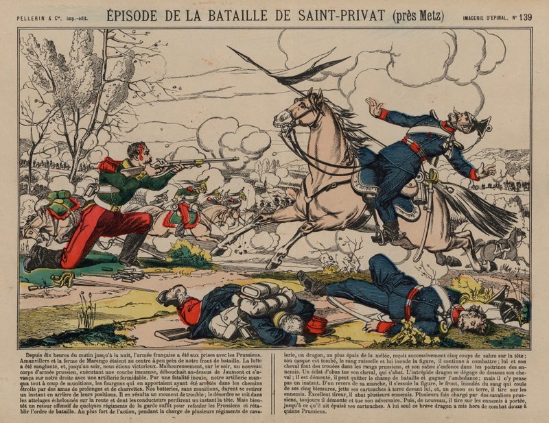 Verwundeter französischer Dragoner schießt auf einen preußischen Lanzenreiter bei der Schlacht von Saint-Privat, Deutsch-Französischer Krieg von French School