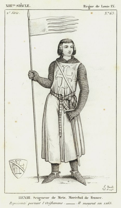 XIII. Jahrhundert, Herrschaft von Ludwig IX., Henri, Herr von Metz, Marschall von Frankreich, dargestellt mit der Oriflamme, er starb 1265 (Gravur) von French School