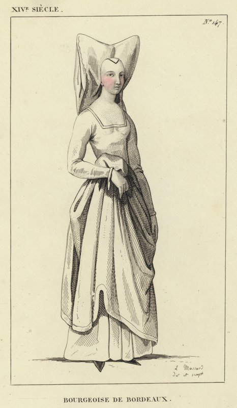XIV Jahrhundert, Bürgerin von Bordeaux (farbiger Stich) von French School