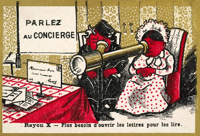 Röntgenstrahlen - keine Notwendigkeit mehr, Briefe zu öffnen, um sie zu lesen (Chromolitho) von French School