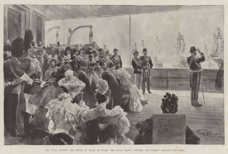 Die Marineparade, der Prinz von Wales an Bord der königlichen Yacht Victoria und Albert grüßt die Flotte von G.S. Amato
