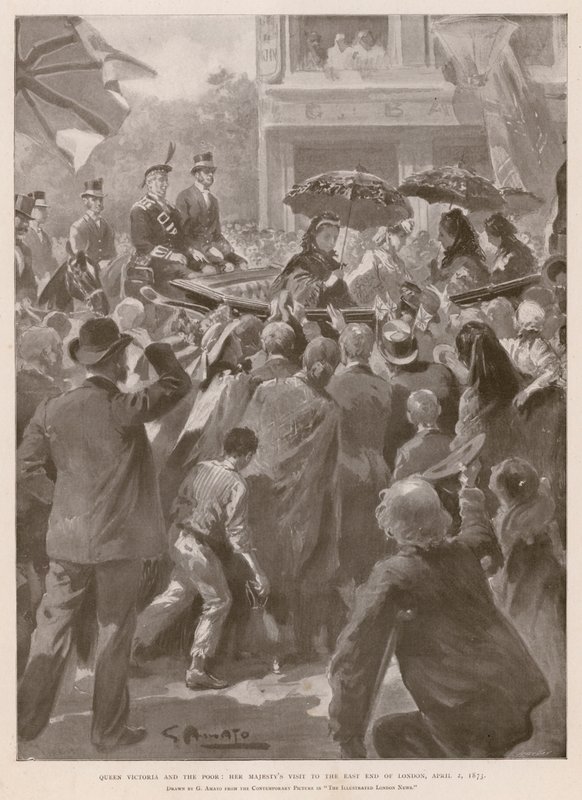 Königin Victoria und die Armen: Die Königin besucht den East End von London, 2. April 1873 von G.S. (after) Amato