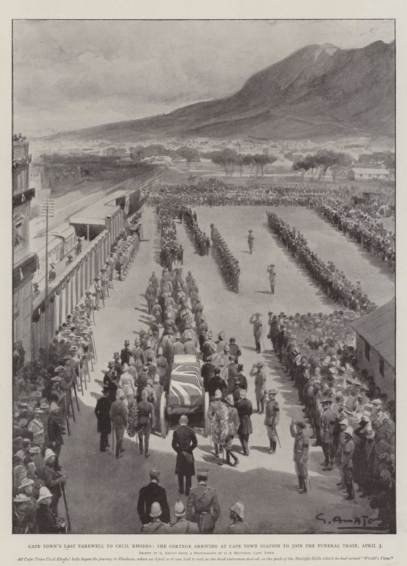Kapstadts letzter Abschied von Cecil Rhodes, der Leichenzug erreicht den Bahnhof von Kapstadt, um den Beerdigungszug zu besteigen, 3. April von G.S. Amato