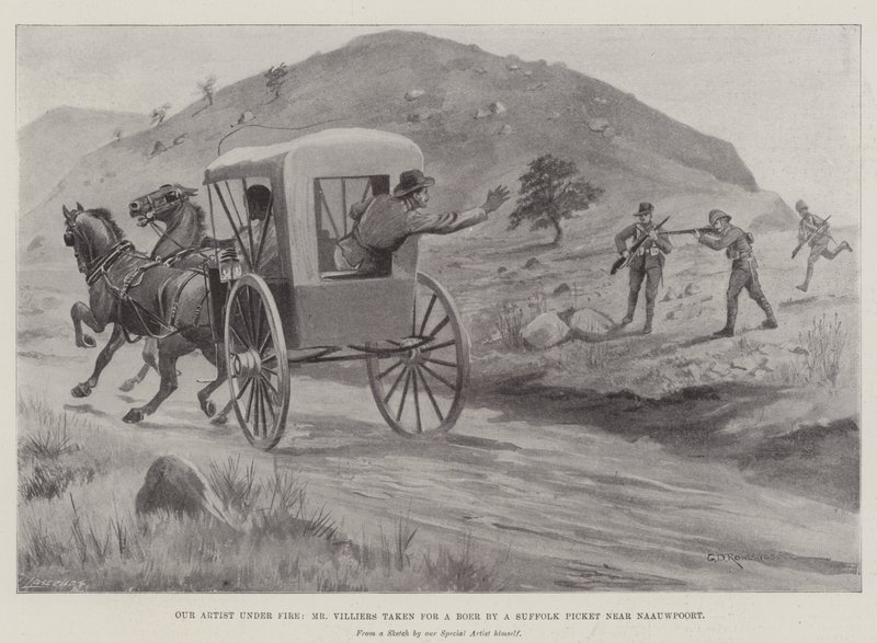Unser Künstler unter Beschuss, Herr Villiers wurde von einem Suffolk-Posten in der Nähe von Naauwpoort für ein Wildschwein gehalten von George Derville Rowlandson