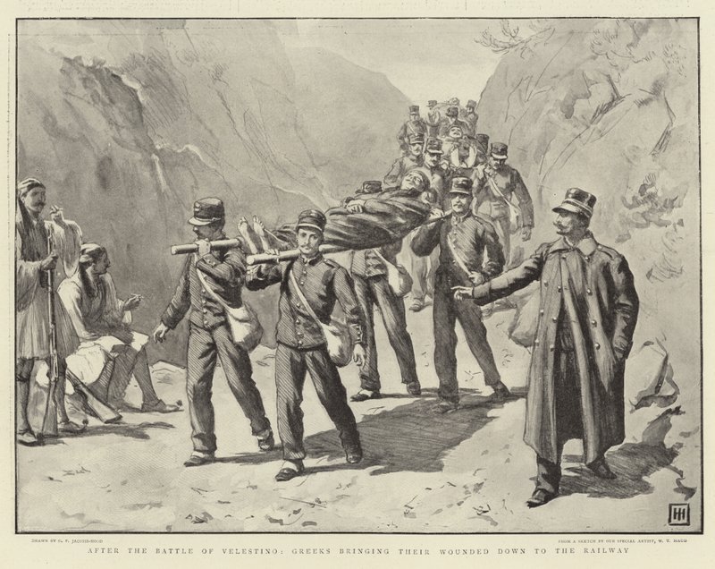 Nach der Schlacht von Velestino, Griechen bringen ihre Verwundeten zur Eisenbahn von George Percy Jacomb Hood