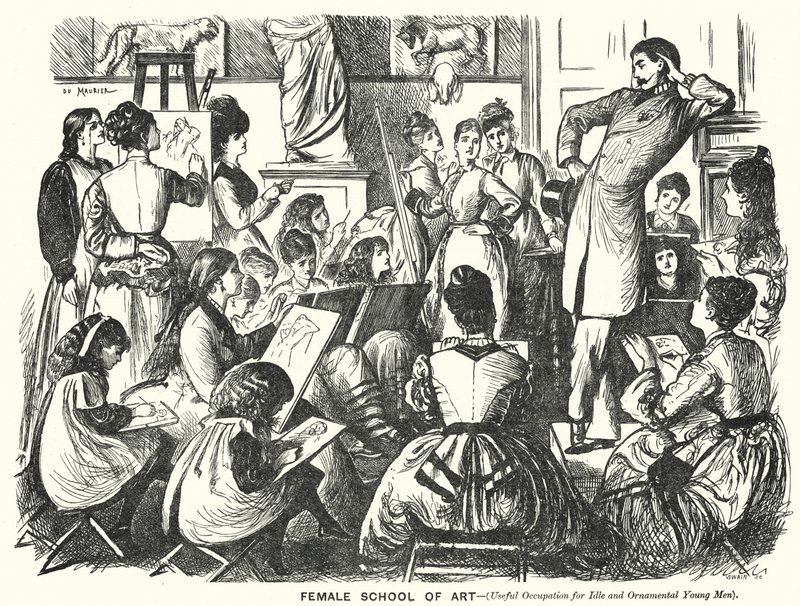 Punch-Karikatur: Weibliche Kunstschule (Nützliche Beschäftigung für müßige und dekorative junge Männer) (Stich) von George (after) Du Maurier