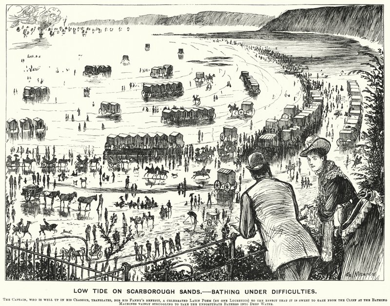 Punch-Karikatur: Ebbe auf den Scarborough Sands - Baden unter Schwierigkeiten (Gravur) von George (after) Du Maurier