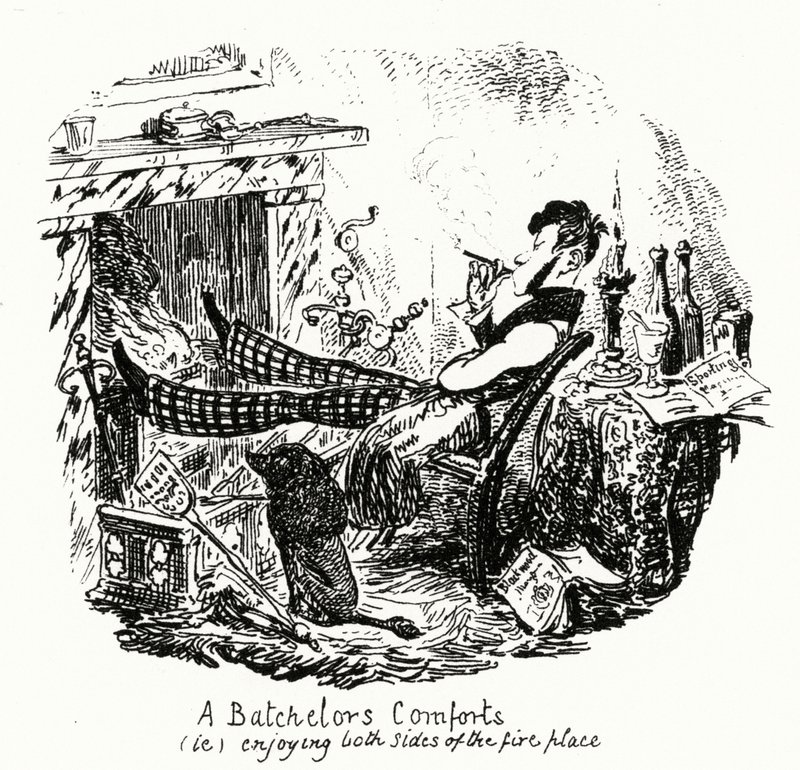 Der Komfort eines Junggesellen (d.h. beide Seiten des Kamins genießen) (Gravur) von George Cruikshank