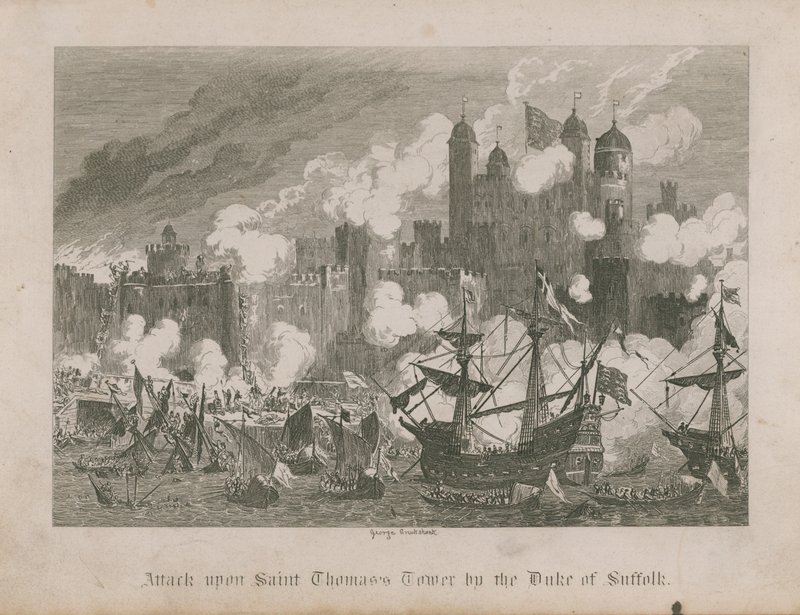 Angriff auf den Turm von St. Thomas durch den Herzog von Suffolk von George Cruikshank