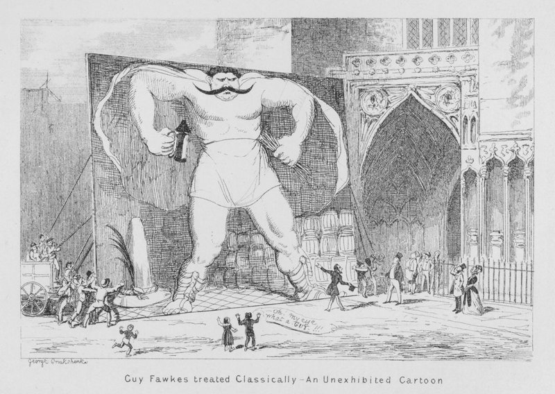 Guy Fawkes klassisch behandelt, ein nicht ausgestellter Cartoon (Stich) von George Cruikshank