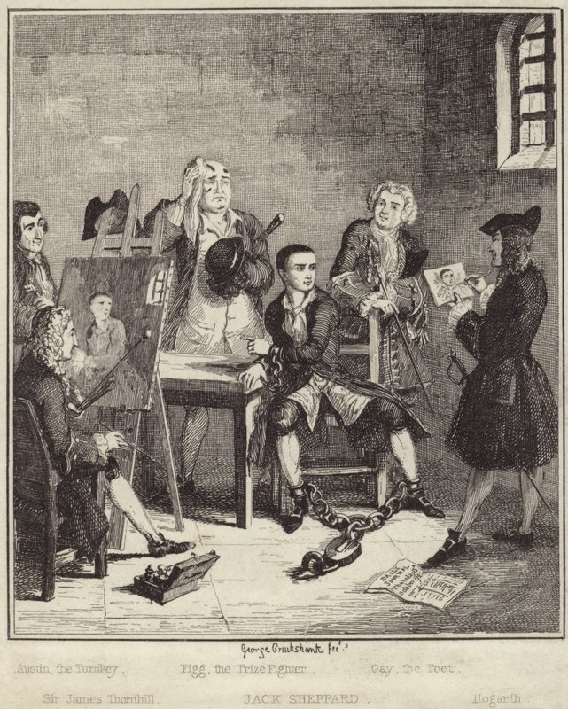 Jack Sheppard lässt sich im Gefängnis von Sir James Thornhill porträtieren von George Cruikshank