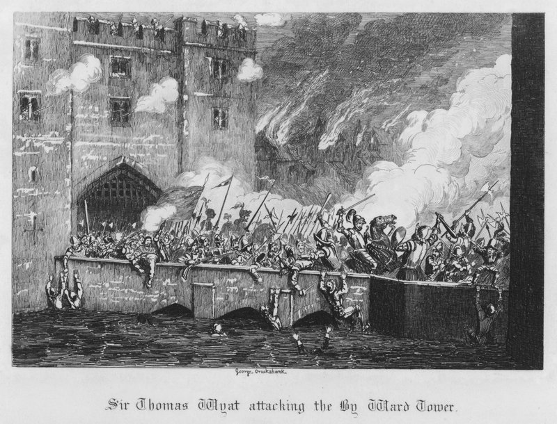 Sir Thomas Wyat greift den By Ward Tower an (Gravur) von George Cruikshank