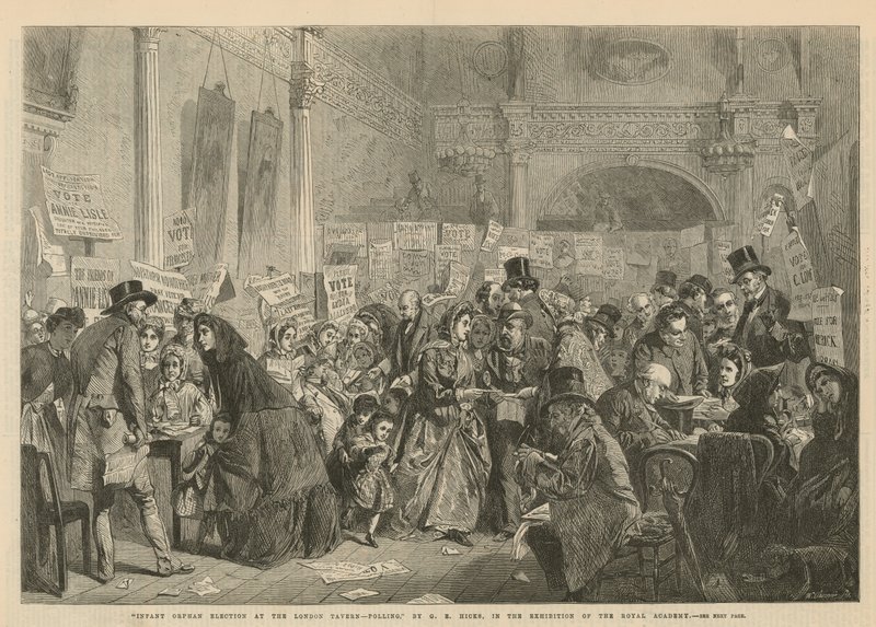 Wahl des Waisenbabys im London Tavern (Stich) von George Elgar Hicks