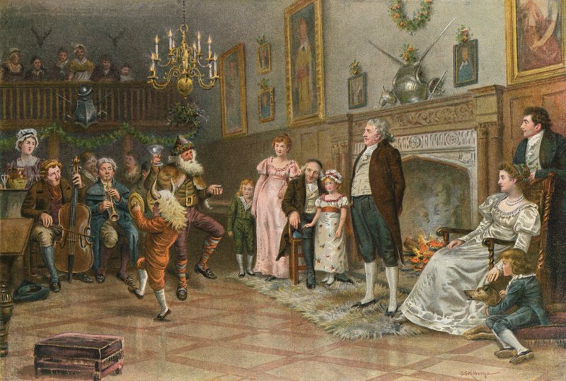 Innenansicht der Ahnenhalle des Gutsherrn: Landmummern geben eine Weihnachtsvorstellung von George Goodwin Kilburne