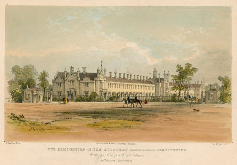 Die Armenhäuser der Metzger-Wohltätigkeitsanstalt, errichtet in Walham Green, Fulham, London von George Hawkins