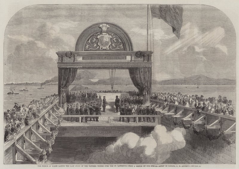Der Prinz von Wales legt den letzten Stein der Victoria-Brücke über den St. Lawrence von George Henry Andrews