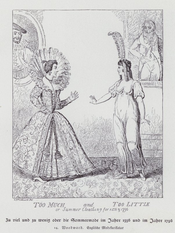 Zu viel und zu wenig, Sommerkleidung für 1556 und 1796 (Lithografie) von George Moutard (after) Woodward