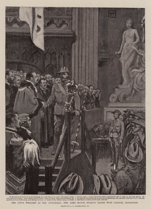 Der Empfang der Stadt im Guildhall, der Lord Mayor schüttelt Colonel Mackinnon die Hand von George Percy Jacomb Hood